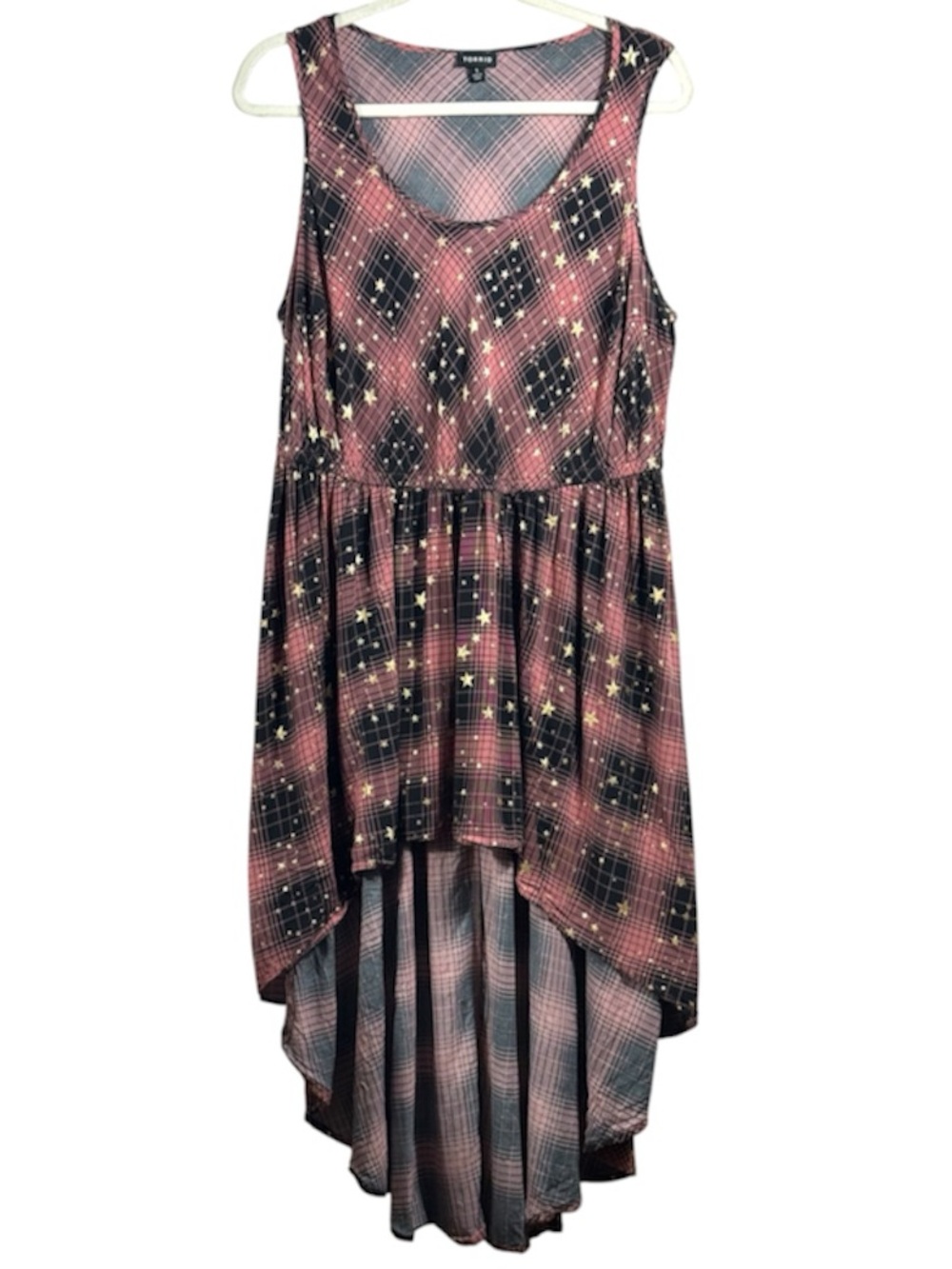 Torrid Pink Black Plaid Gold Star High Low Dress Size 1 14-16 Sleeveless